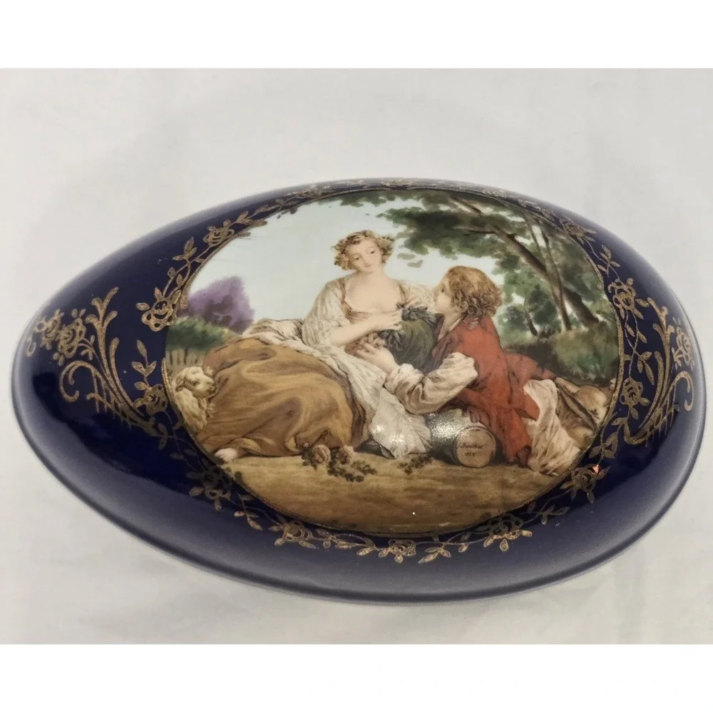 Vtg Cobalt Blue Porcelain Egg Trinket Box Romantic Courting Couple Gold Filagree